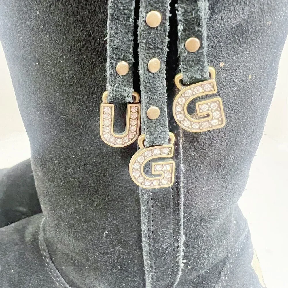 UGG Australia Larynn Black Shearling Boots Gold Rhinestone Charms Kids Size 4